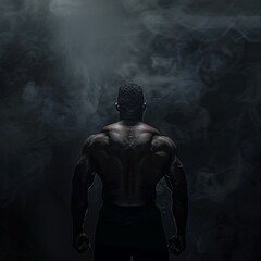 Fototapeta na wymiar A man stands shirtless in a dark room, surrounded by smoke and mist