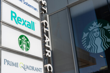 Obraz premium exterior shop directory at St Clair Centre, a shopping mall, located at 2 St Clair Avenue East in Toronto, Canada (Starbucks coffee)