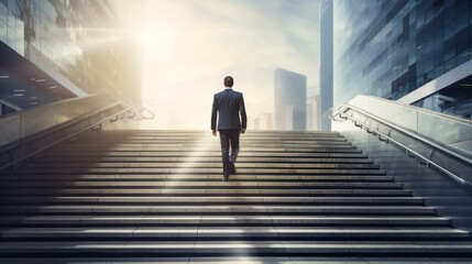 young businessman walking up the stairs in front of a modern office building. back view