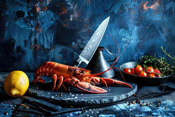 seafood still life depicting a cooked lobster with a chef's knife on a blue background.