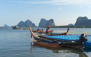 Koh Panyee, The Floating village urban city town houses, lake sea or river. Nature landscape fisheries and fishing tools at Pak Pha, Phang Nga, Thailand. Aquaculture farming