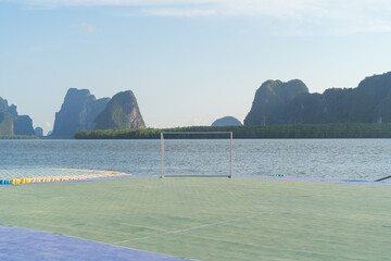 Koh Panyee, The Floating village urban city town houses, lake sea or river. Nature landscape fisheries and fishing tools at Pak Pha, Phang Nga, Thailand. Aquaculture farming
