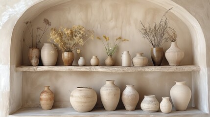 ceramic vases and jugs on a shelf in front of a beige wall