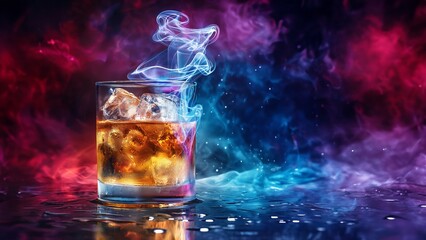 Whiskey im Glas spritzt mit Lichter Bokeh im Hintergrund als Poster