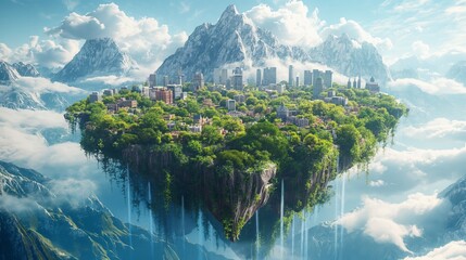 floating island design with natural mountainous terrain, sparse buildings