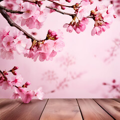 wood table top of pink cherry blossom flower the background for product display template, generate ai
