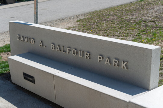 sign at David A. Balfour Park located at 75 Rosehill Avenue in Toronto, Canada