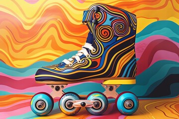 Retro Roller Skate Design: Psychedelic Wave Pattern in 80s Colors