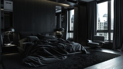 Modern interor of bedroom in all black style