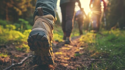 Hiking boots on the trail in the forest. Travel and adventure concept. close up.