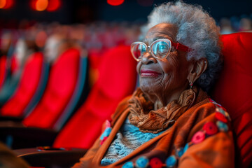 African American old woman at the cinema, peacefully seated, absorbed in the movie, relaxation time