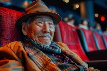 Old man at the cinema, retired male at show, cinema outing