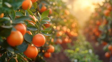Orange trees with ripe oranges in orchard at sunset --ar 16:9 --style raw --stylize 750 Job ID: 7d6eb0b0-7c7b-4d01-b1a9-649d5d3a7ce5