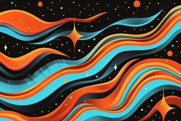 Vibrant 90s Retro Abstract Color Flow: Psychedelic Orange and Blue Waves on Black