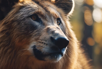 Fototapeta premium Majestic Lion Portrait with Golden Light - King of the Jungle in Contemplation