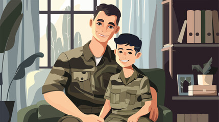 Happy military man with his son at home Vector illustration - obrazy, fototapety, plakaty