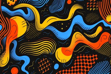 90s Retro Waves: Vibrant Psychedelic Orange and Blue Abstract on Black