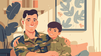 Happy military man with his son at home Vector illustration - obrazy, fototapety, plakaty