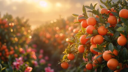 garden with orange trees at sunset