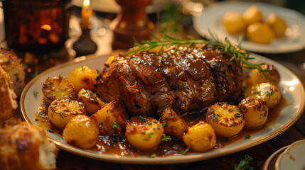 Roast lamb with potato and herbs, cinematic, holiday