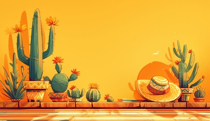 A wood table with a cactus and sombrero on it, background is a colorful striped arch with space for text.