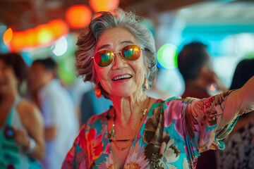 Asian old woman dancing at a beach party, enjoying the music