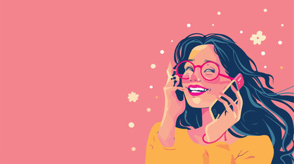 Happy young woman talking by phone on pink background