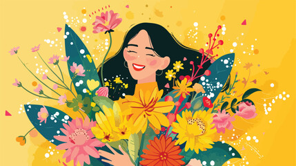 Obraz na płótnie Canvas Happy young woman with bouquet of beautiful flowers 