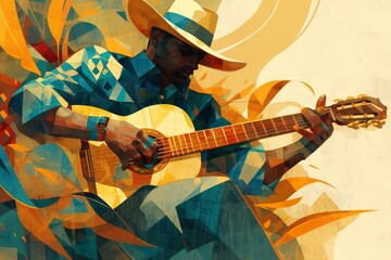 Abstract art style cubist portrait of an African American man playing the guitar wearing a hat, geometric shapes and vibrant colors