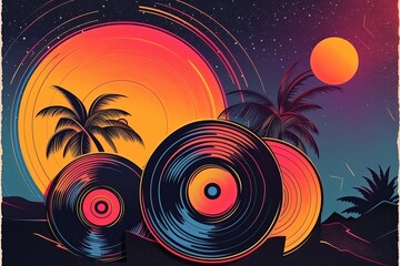 Obraz premium Vintage Vinyl Disco Night Poster: 70s Retro Colors, Funky 80s Gradient, Psychedelic Dance Motifs