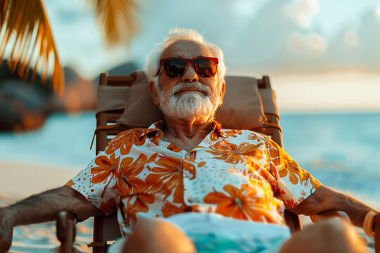 Old man on a sun lounger on the beach, peacefully gazing at the ocean waves, lost in thought