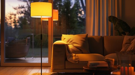Cozy Home Interior at Twilight with Warm Lighting