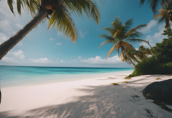 Serene Tropical Shoreline with Overhanging Palm Trees and Pristine White Sands
