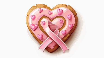 Heart shaped cookie with pink ribbon on white background