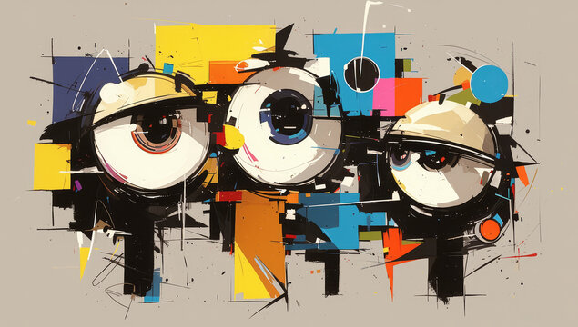 Abstract graffiti art painting of cartoon faces with eyes, ears and mouths on grey background