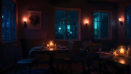 Romantic Atmosphere-Romantic Lighting With Candle, cinematic lighting,  neon light, colorful candles, purple, blue, yellow