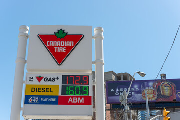 Obraz premium rooftop billboard ad (for alcohol) and Canadian Tire gas station pylon sign located at 839 Yonge Street in Toronto, Canada