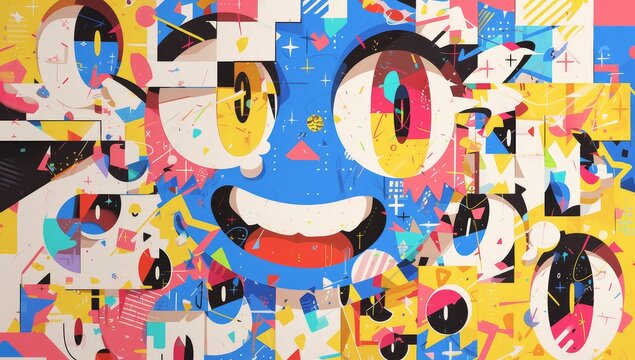 Abstract painting of cartoon characters with big eyes and wide grins
