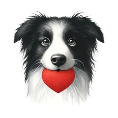 A watercolor portrait of a cute Border Collie gently holding a red heart in its mouth, against a white background.