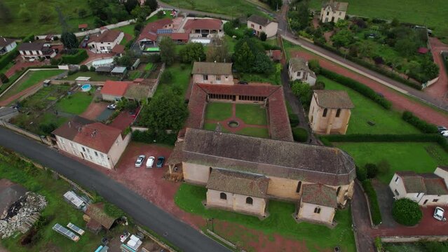 aerial topshot over saint nizier sous charlieu Cordeliers convent in loire department, auvergne rhone alpes region, france