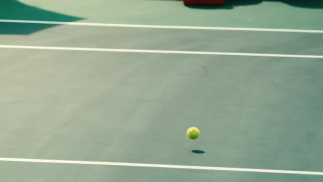 Tracking tennis ball bouncing on hard court in extreme slow motion, 4k 800fps follow during pro tennis tournament on sunny day