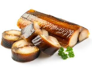 geräucherte Aal Stücke isoliert auf weißen Hintergrund, Freisteller 