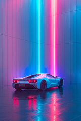 A concept car in a futuristic style in neon light