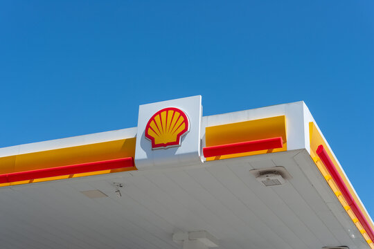 exterior street sign of Shell, a gas station chain, located here at 1077 Yonge Street in Toronto, Canada