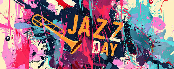 International Jazz Day festival banner. Collage on splashing. Poster of music band.