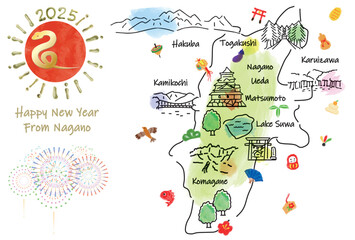 長野県の観光地のイラストマップ年賀状2025年
