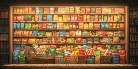 A shopping cart full of various products stands in the supermarket, creating an advertising background with realistic and detailed visuals. 