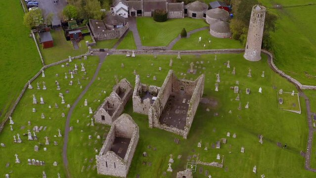Aerial top-down ascent with a tilt capturing the ancient beauty of Clonmacnoise