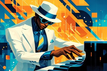 African American jazz pianist, wearing sunglasses and a fedora hat, playing the piano in front of a colorful geometric background. 
