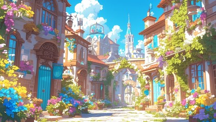 A street in the city is lined on both sides with ancient buildings decorated with various flowers and plants. 